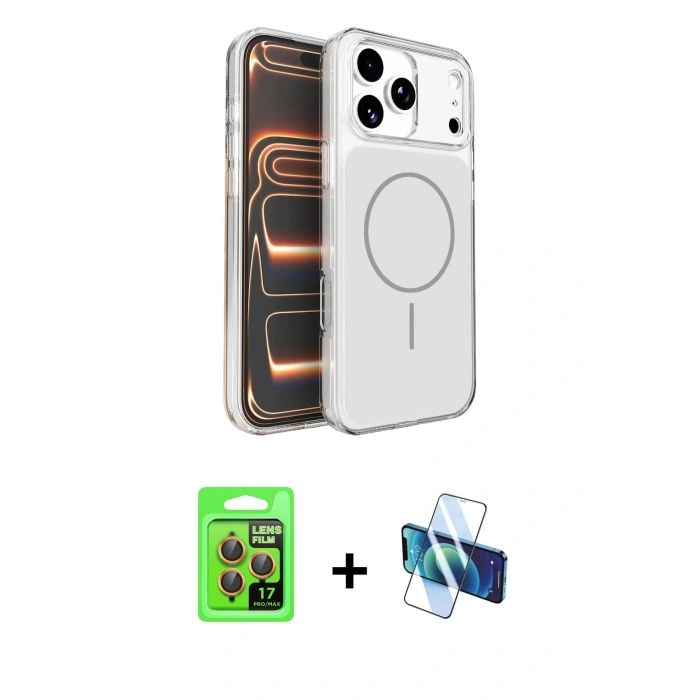 MARSİLYAN™- iPhone 17 Pro Kılıf Kutup Doku Serisi - Siyah 3D Antistatik Cam Ekran Koruyucu + Raze Metal Kamera Lens - TU