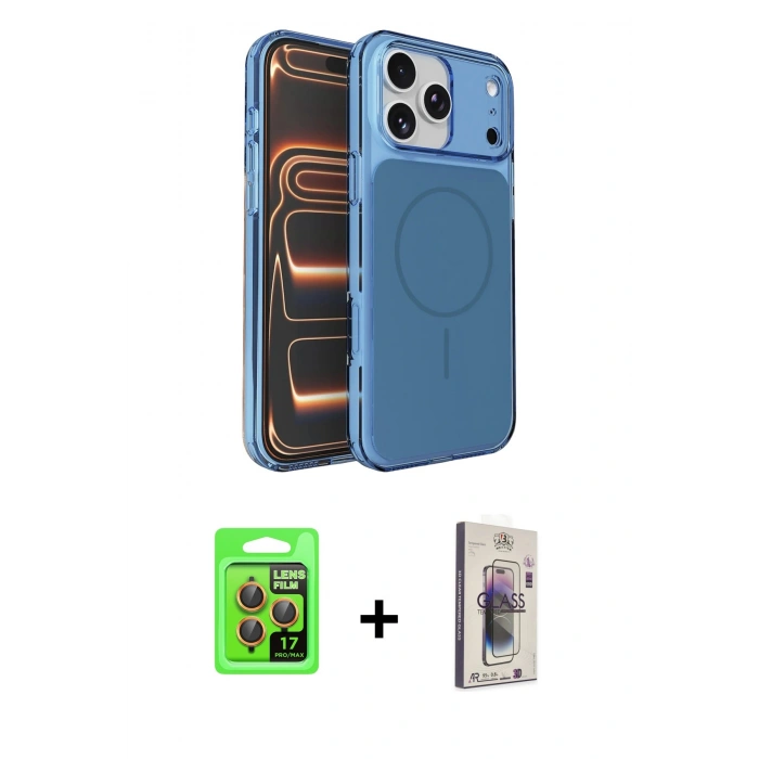 MARSİLYAN™- iPhone 17 Pro Kılıf Kutup Doku Serisi - Siyah Bilvis 3D Cam Ekran Koruyucu + Turuncu Raze Metal Kamera Lens