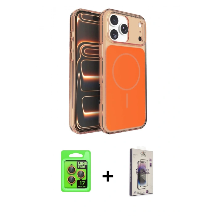 MARSİLYAN™- iPhone 17 Pro Kılıf Kutup Doku Serisi - Siyah Bilvis 3D Cam Ekran Koruyucu + Turuncu Raze Metal Kamera Lens