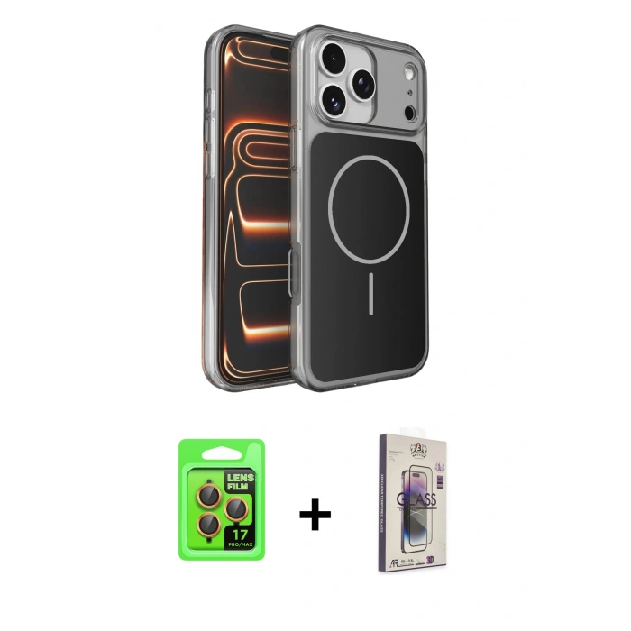 MARSİLYAN™- iPhone 17 Pro Kılıf Kutup Doku Serisi - Siyah Bilvis 3D Cam Ekran Koruyucu + Turuncu Raze Metal Kamera Lens