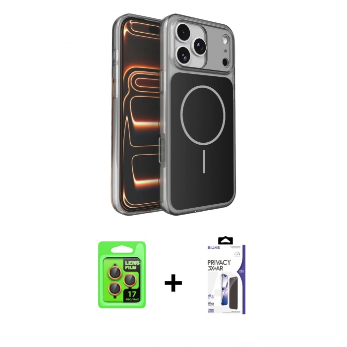 MARSİLYAN™- iPhone 17 Pro Kılıf Kutup Doku Serisi - Siyah Bilvis 3X AR Hayalet Cam Ekran Koruyucu + Raze Metal Kamera Lens - TU