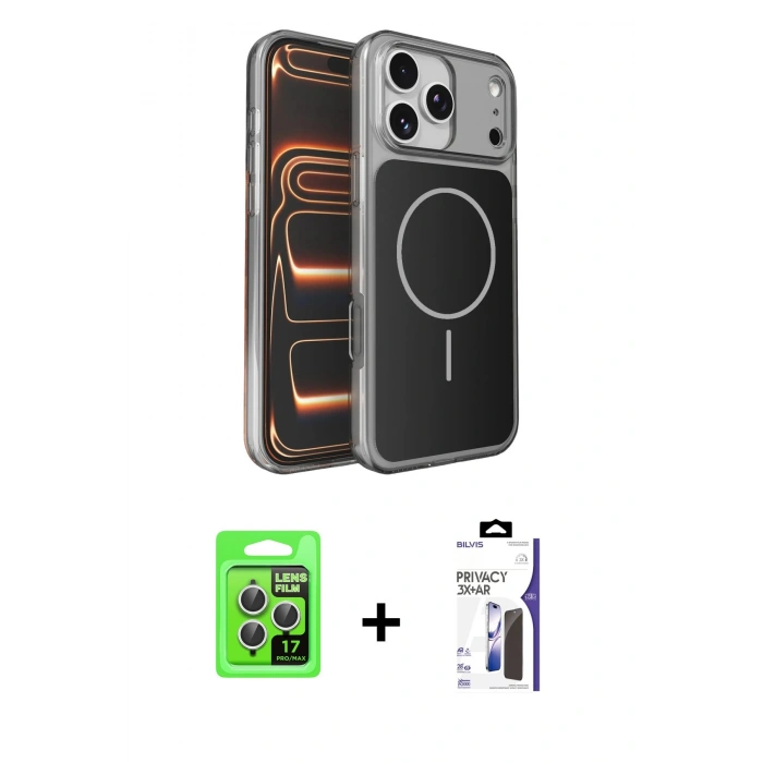 MARSİLYAN™- iPhone 17 Pro Kılıf Kutup Doku Serisi - Siyah Bilvis 3X AR Hayalet Cam Ekran Koruyucu + Raze Metal Kamera Lens - GS