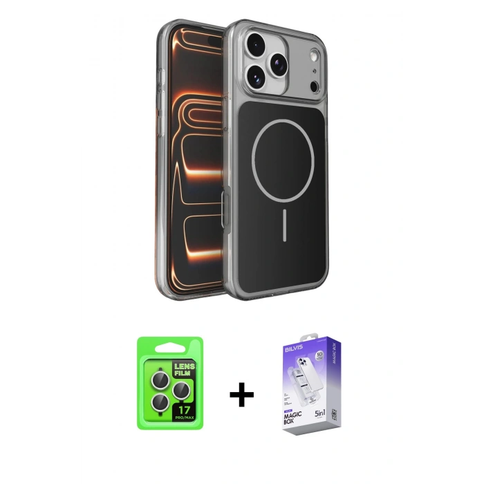 MARSİLYAN™- iPhone 17 Pro Kılıf Kutup Doku Serisi - Siyah Bilvis 5in1 3D Magic Cam Ekran Koruyucu + Raze Metal Kamera Lens - GS