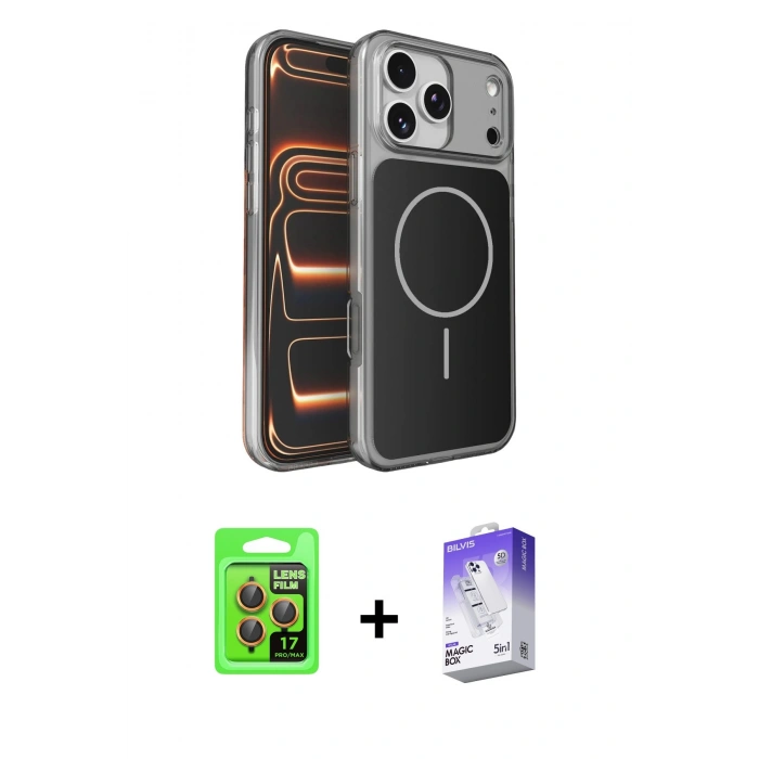 MARSİLYAN™- iPhone 17 Pro Kılıf Kutup Doku Serisi - Siyah Bilvis 5in1 3D Magic Cam Ekran Koruyucu + Raze Metal Kamera Lens - TU