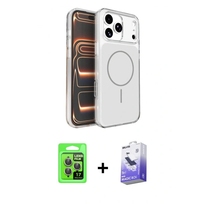 MARSİLYAN™- iPhone 17 Pro Kılıf Kutup Doku Serisi - Siyah Bilvis 5in1 5D Magic Hayalet Cam Ekran Koruyucu + Raze Metal Kamera Lens - GI