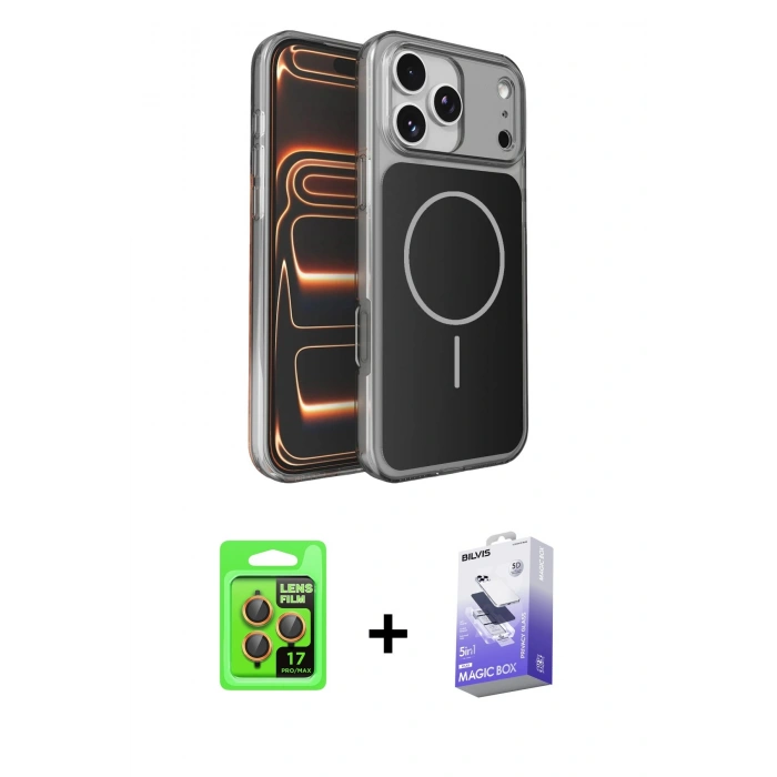 MARSİLYAN™- iPhone 17 Pro Kılıf Kutup Doku Serisi - Siyah Bilvis 5in1 5D Magic Hayalet Cam Ekran Koruyucu + Raze Metal Kamera Lens - TU