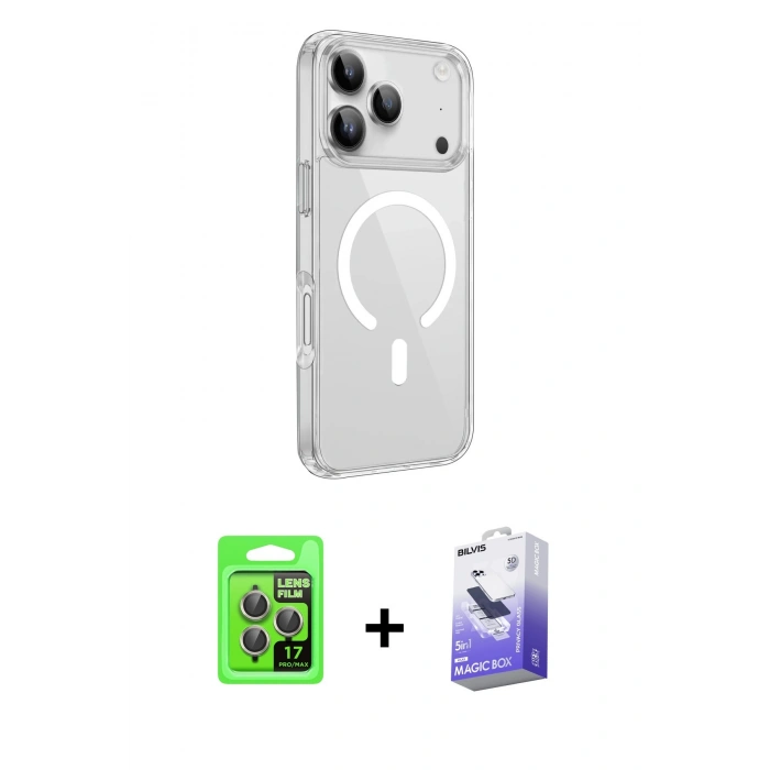 MARSİLYAN™- iPhone 17 Pro Kılıf Kutup Klasik Serisi - Siyah Bilvis 5in1 5D Magic Hayalet Cam Ekran Koruyucu + Raze Metal Kamera Lens - GI