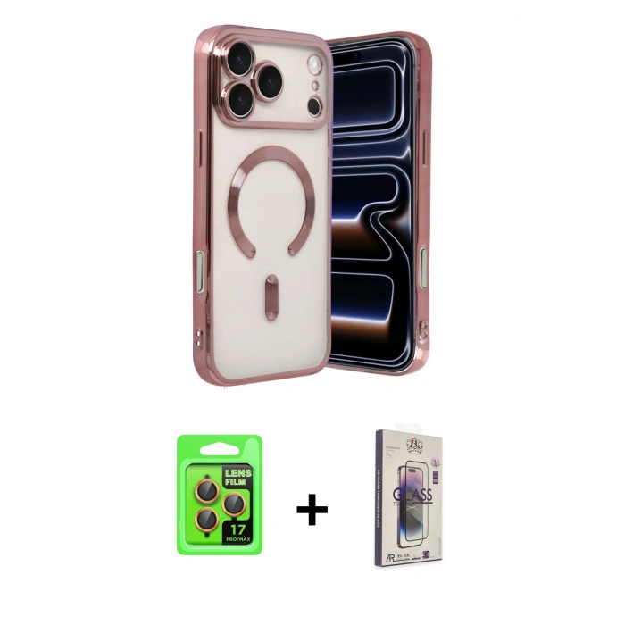 MARSİLYAN™- iPhone 17 Pro Kılıf Nova Işık Özel Seri - Siyah Bilvis 3D Cam Ekran Koruyucu + Turuncu Raze Metal Kamera Lens