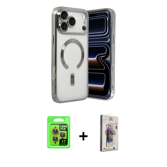 MARSİLYAN™- iPhone 17 Pro Kılıf Nova Işık Özel Seri - Siyah Bilvis 3D Cam Ekran Koruyucu + Turuncu Raze Metal Kamera Lens