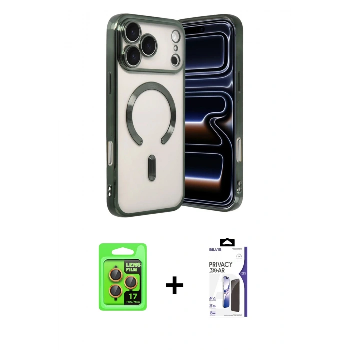 MARSİLYAN™- iPhone 17 Pro Kılıf Nova Işık Özel Seri - Siyah Bilvis 3X AR Hayalet Cam Ekran Koruyucu + Raze Metal Kamera Lens - TU