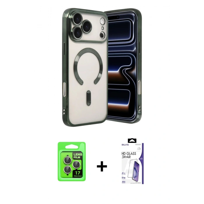 MARSİLYAN™- iPhone 17 Pro Kılıf Nova Işık Özel Seri - Siyah Bilvis 3X AR HD Cam Ekran Koruyucu + Raze Metal Kamera Lens - GI