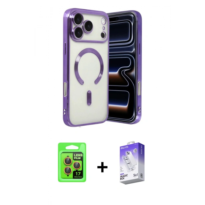 MARSİLYAN™- iPhone 17 Pro Kılıf Nova Işık Özel Seri - Siyah Bilvis 5in1 3D Magic Cam Ekran Koruyucu + Raze Metal Kamera Lens - TU
