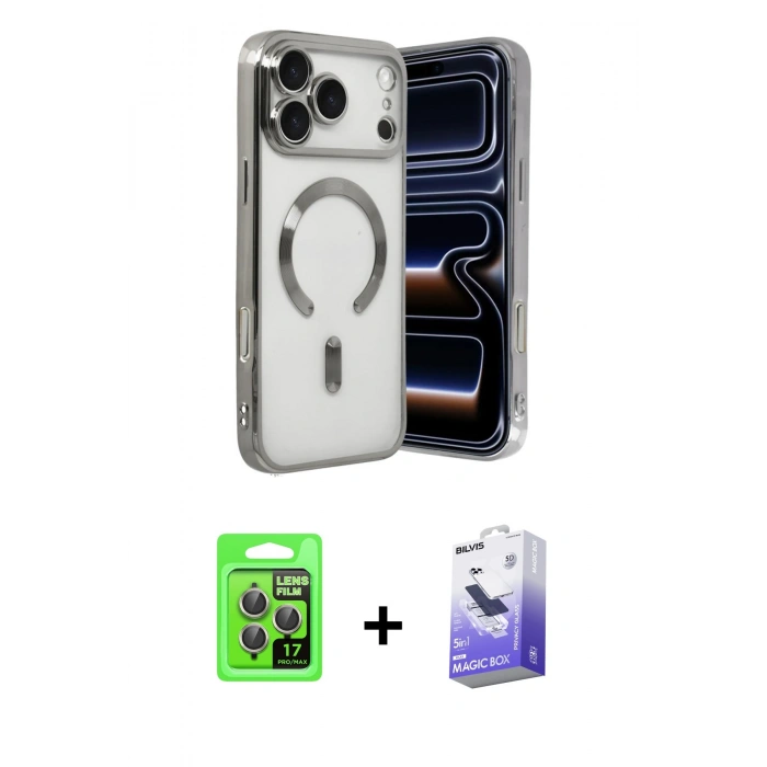 MARSİLYAN™- iPhone 17 Pro Kılıf Nova Işık Özel Seri - Siyah Bilvis 5in1 5D Magic Hayalet Cam Ekran Koruyucu + Raze Metal Kamera Lens - GI