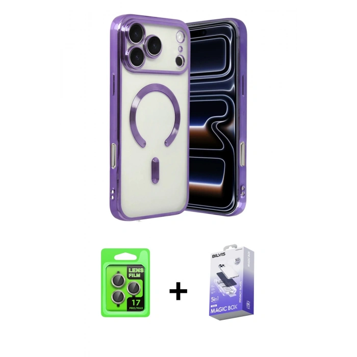 MARSİLYAN™- iPhone 17 Pro Kılıf Nova Işık Özel Seri - Siyah Bilvis 5in1 5D Magic Hayalet Cam Ekran Koruyucu + Raze Metal Kamera Lens - GI