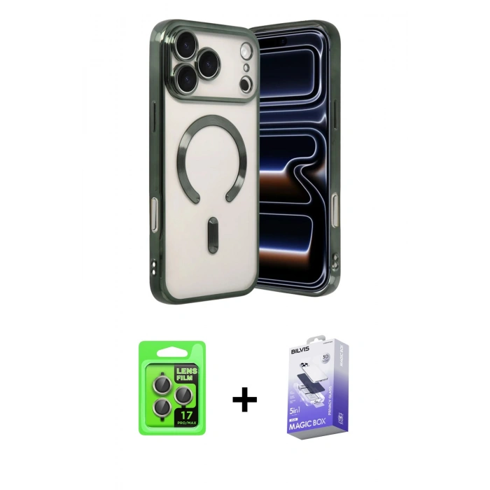 MARSİLYAN™- iPhone 17 Pro Kılıf Nova Işık Özel Seri - Siyah Bilvis 5in1 5D Magic Hayalet Cam Ekran Koruyucu + Raze Metal Kamera Lens - GI