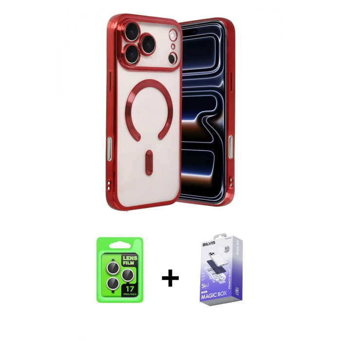 MARSİLYAN™- iPhone 17 Pro Kılıf Nova Işık Özel Seri - Siyah Bilvis 5in1 5D Magic Hayalet Cam Ekran Koruyucu + Raze Metal Kamera Lens - GS