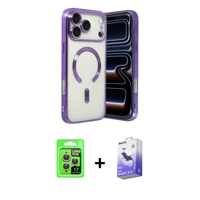 MARSİLYAN™- iPhone 17 Pro Kılıf Nova Işık Özel Seri - Siyah Bilvis 5in1 5D Magic Hayalet Cam Ekran Koruyucu + Raze Metal Kamera Lens - GS