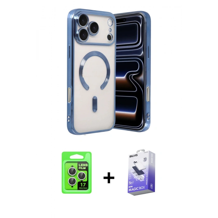 MARSİLYAN™- iPhone 17 Pro Kılıf Nova Işık Özel Seri - Siyah Bilvis 5in1 5D Magic Hayalet Cam Ekran Koruyucu + Raze Metal Kamera Lens - GS