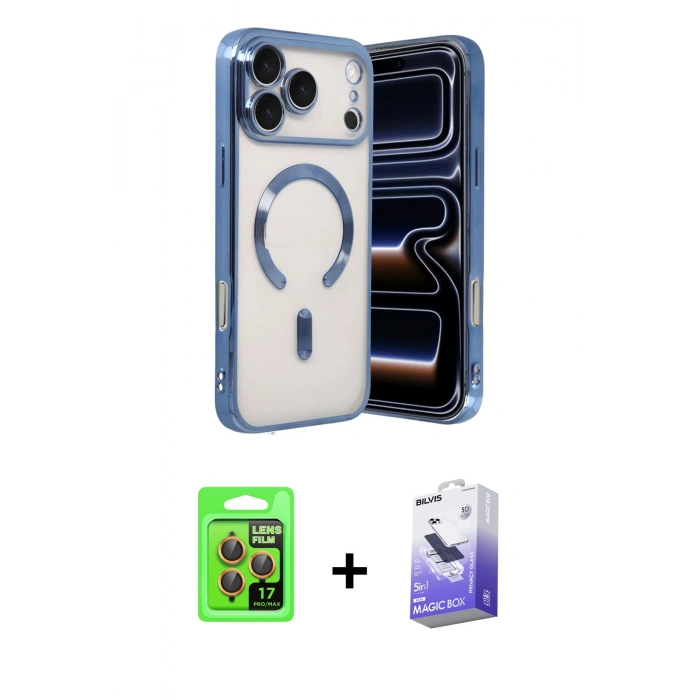 MARSİLYAN™- iPhone 17 Pro Kılıf Nova Işık Özel Seri - Siyah Bilvis 5in1 5D Magic Hayalet Cam Ekran Koruyucu + Raze Metal Kamera Lens - TU