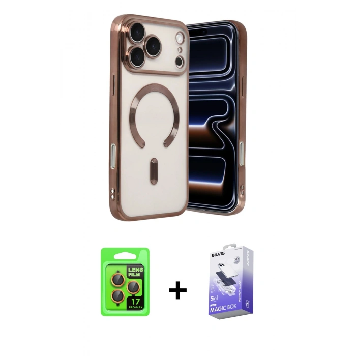 MARSİLYAN™- iPhone 17 Pro Kılıf Nova Işık Özel Seri - Siyah Bilvis 5in1 5D Magic Hayalet Cam Ekran Koruyucu + Raze Metal Kamera Lens - TU