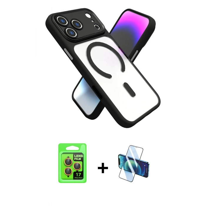 MARSİLYAN™- iPhone 17 Pro Kılıf Nova Yansıma Serisi - Siyah 3D Antistatik Cam Ekran Koruyucu + Turuncu Raze Metal Kamera Lens