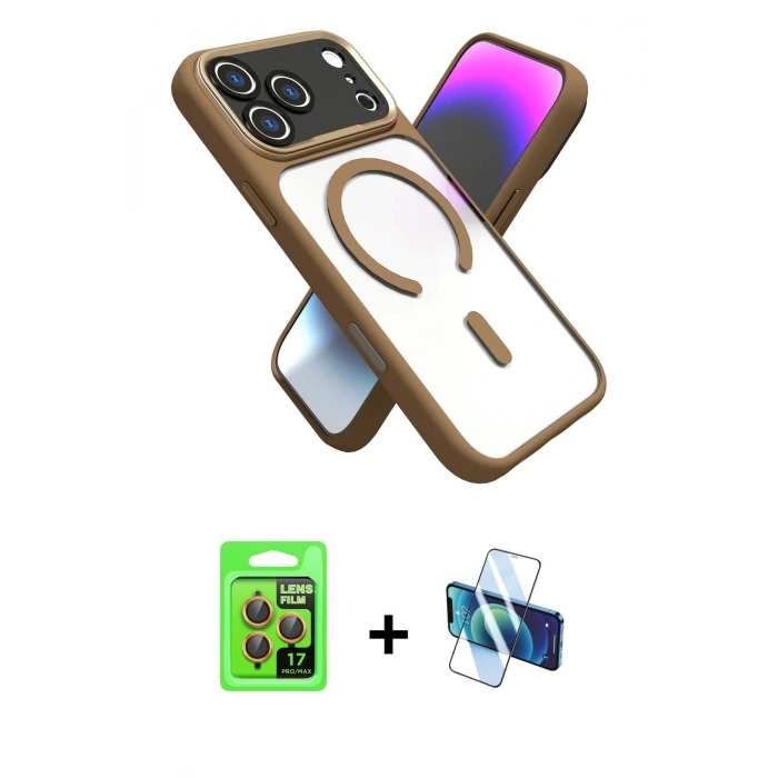 MARSİLYAN™- iPhone 17 Pro Kılıf Nova Yansıma Serisi - Siyah 3D Antistatik Cam Ekran Koruyucu + Turuncu Raze Metal Kamera Lens
