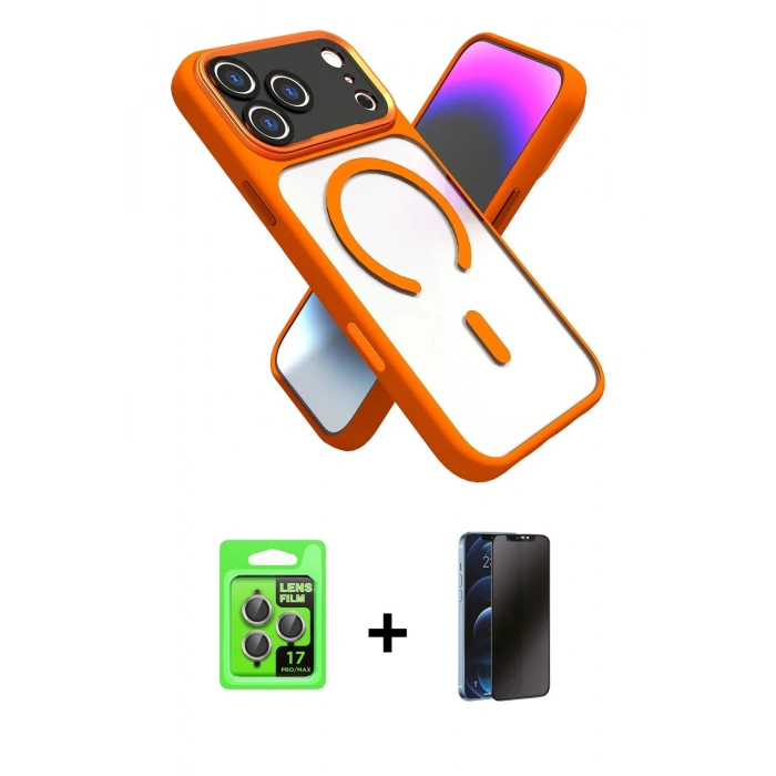 MARSİLYAN™- iPhone 17 Pro Kılıf Nova Yansıma Serisi - Siyah 3D Antistatik Hayalet Cam Ekran Koruyucu + Raze Metal Kamera Lens - GI