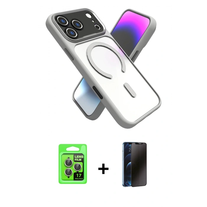 MARSİLYAN™- iPhone 17 Pro Kılıf Nova Yansıma Serisi - Siyah 3D Antistatik Hayalet Cam Ekran Koruyucu + Raze Metal Kamera Lens - GI