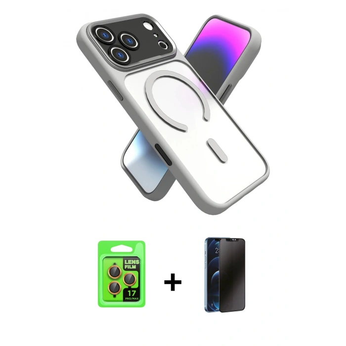 MARSİLYAN™- iPhone 17 Pro Kılıf Nova Yansıma Serisi - Siyah 3D Antistatik Hayalet Cam Ekran Koruyucu + Raze Metal Kamera Lens - TU