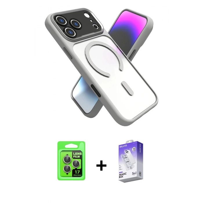 MARSİLYAN™- iPhone 17 Pro Kılıf Nova Yansıma Serisi - Siyah Bilvis 5in1 3D Magic Cam Ekran Koruyucu + Raze Metal Kamera Lens - GI