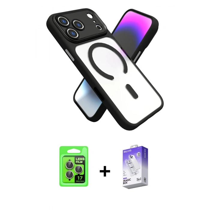 MARSİLYAN™- iPhone 17 Pro Kılıf Nova Yansıma Serisi - Siyah Bilvis 5in1 3D Magic Cam Ekran Koruyucu + Raze Metal Kamera Lens - GI