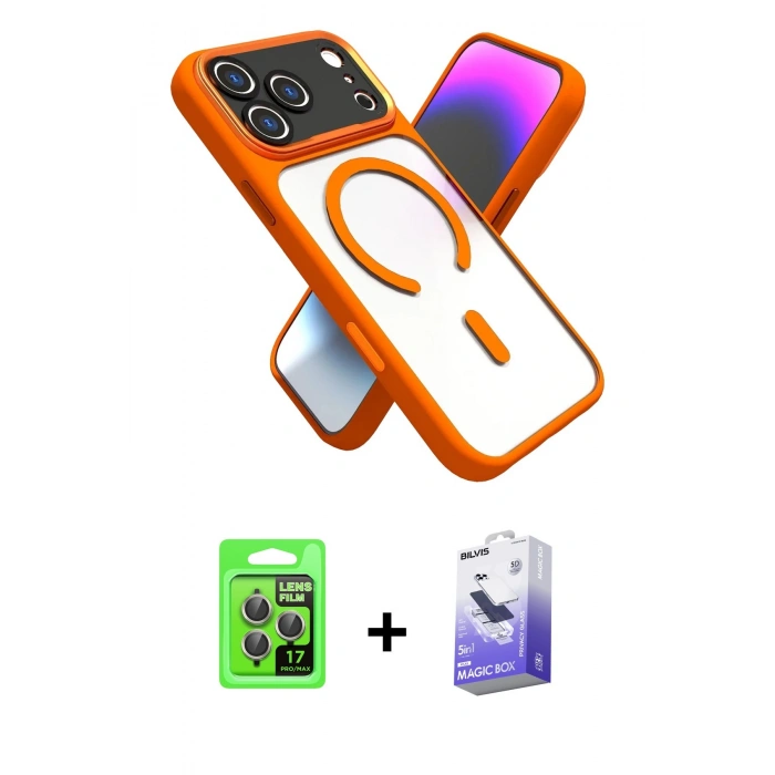 MARSİLYAN™- iPhone 17 Pro Kılıf Nova Yansıma Serisi - Siyah Bilvis 5in1 5D Magic Hayalet Cam Ekran Koruyucu + Raze Metal Kamera Lens - GI
