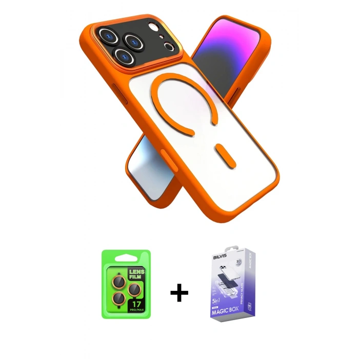 MARSİLYAN™- iPhone 17 Pro Kılıf Nova Yansıma Serisi - Siyah Bilvis 5in1 5D Magic Hayalet Cam Ekran Koruyucu + Raze Metal Kamera Lens - TU
