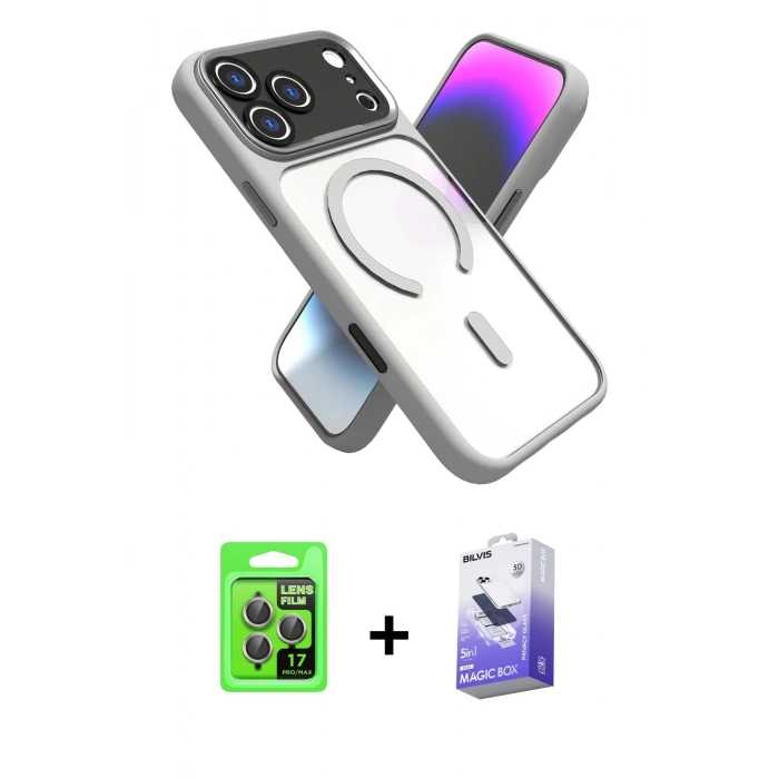 MARSİLYAN™- iPhone 17 Pro Kılıf Nova Yansıma Serisi - Siyah Bilvis 5in1 5D Magic Hayalet Cam Ekran Koruyucu + Raze Metal Kamera Lens - GI