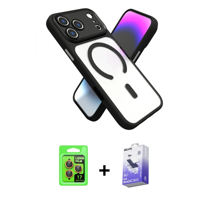 MARSİLYAN™- iPhone 17 Pro Kılıf Nova Yansıma Serisi - Siyah Bilvis 5in1 5D Magic Hayalet Cam Ekran Koruyucu + Raze Metal Kamera Lens - TU