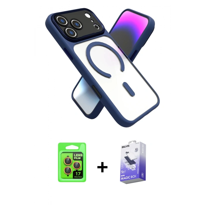 MARSİLYAN™- iPhone 17 Pro Kılıf Nova Yansıma Serisi - Siyah Bilvis 5in1 5D Magic Hayalet Cam Ekran Koruyucu + Raze Metal Kamera Lens - TU