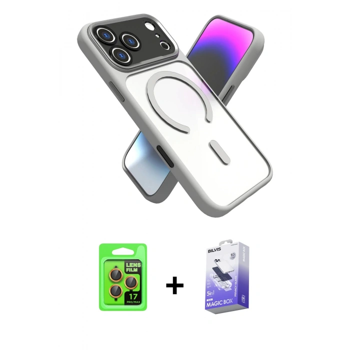 MARSİLYAN™- iPhone 17 Pro Kılıf Nova Yansıma Serisi - Siyah Bilvis 5in1 5D Magic Hayalet Cam Ekran Koruyucu + Raze Metal Kamera Lens - TU