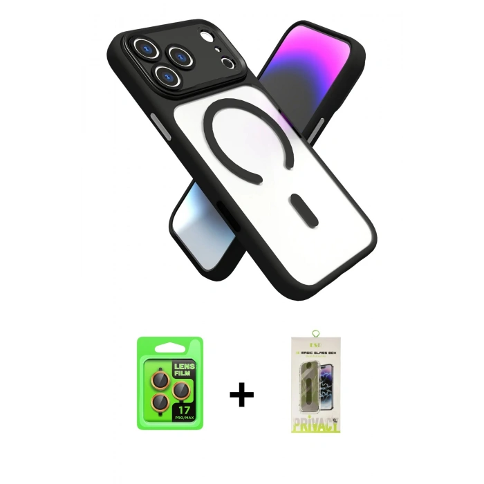 MARSİLYAN™- iPhone 17 Pro Kılıf Nova Yansıma Serisi - Siyah Joko Magic 5D Hayalet Cam + Raze Metal Kamera Lens - TU