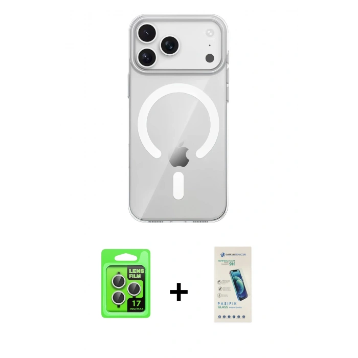 MARSİLYAN™- iPhone 17 Pro Kılıf Pusula Form Özel Seri - Şeffaf Pasifik Cam Ekran Koruyucu + Raze Metal Kamera Lens - GS