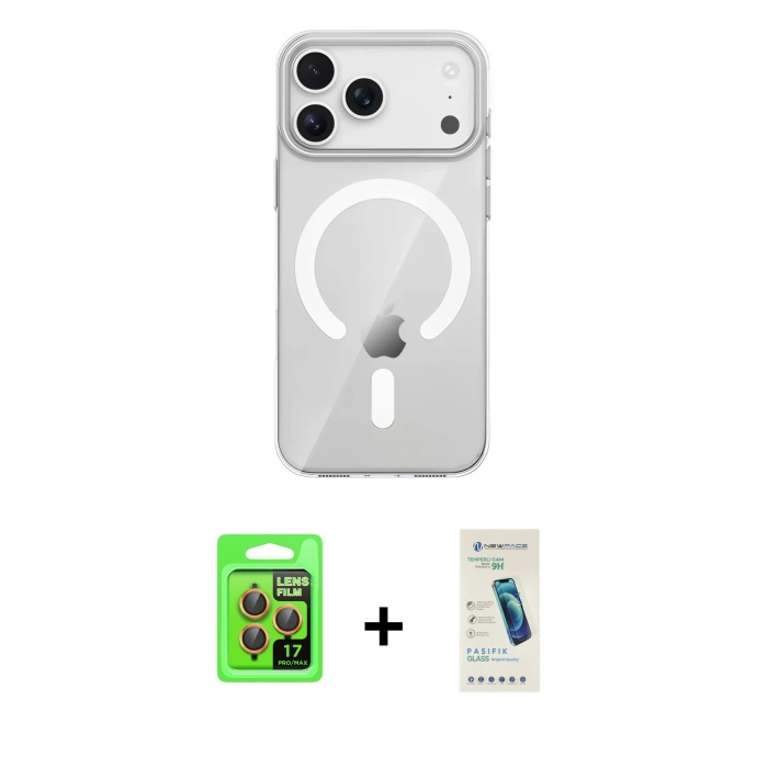 MARSİLYAN™- iPhone 17 Pro Kılıf Pusula Form Özel Seri - Şeffaf Pasifik Cam Ekran Koruyucu + Raze Metal Kamera Lens - TU
