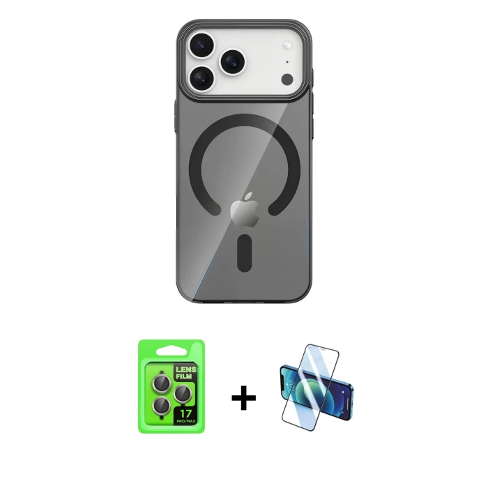 MARSİLYAN™- iPhone 17 Pro Kılıf Pusula Form Özel Seri - Siyah 3D Antistatik Cam Ekran Koruyucu + Raze Metal Kamera Lens - GI