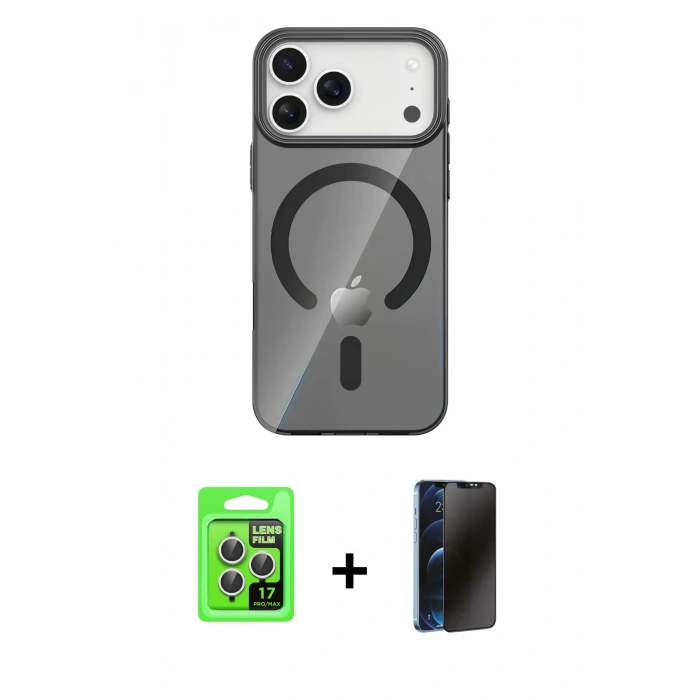 MARSİLYAN™- iPhone 17 Pro Kılıf Pusula Form Özel Seri - Siyah 3D Antistatik Hayalet Cam Ekran Koruyucu + Raze Metal Kamera Lens - GS