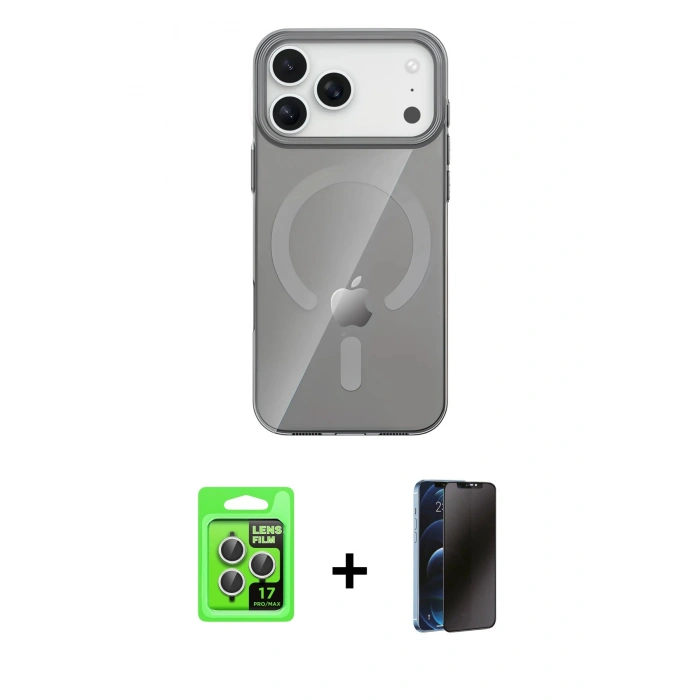 MARSİLYAN™- iPhone 17 Pro Kılıf Pusula Form Özel Seri - Siyah 3D Antistatik Hayalet Cam Ekran Koruyucu + Raze Metal Kamera Lens - GS