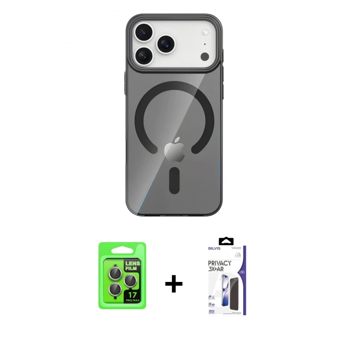 MARSİLYAN™- iPhone 17 Pro Kılıf Pusula Form Özel Seri - Siyah Bilvis 3X AR Hayalet Cam Ekran Koruyucu + Raze Metal Kamera Lens - GI