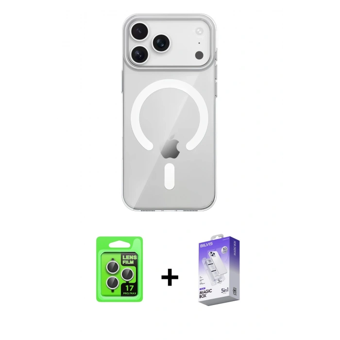 MARSİLYAN™- iPhone 17 Pro Kılıf Pusula Form Özel Seri - Siyah Bilvis 5in1 3D Magic Cam Ekran Koruyucu + Raze Metal Kamera Lens - GS