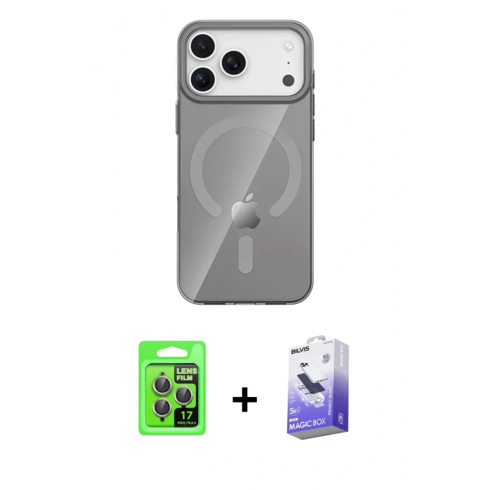 MARSİLYAN™- iPhone 17 Pro Kılıf Pusula Form Özel Seri - Siyah Bilvis 5in1 5D Magic Hayalet Cam Ekran Koruyucu + Raze Metal Kamera Lens - GI