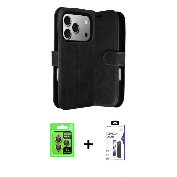 MARSİLYAN™- iPhone 17 Pro Kılıf Siluet Işık Serisi - Siyah Bilvis 3X AR Hayalet Cam Ekran Koruyucu + Raze Metal Kamera Lens - GI