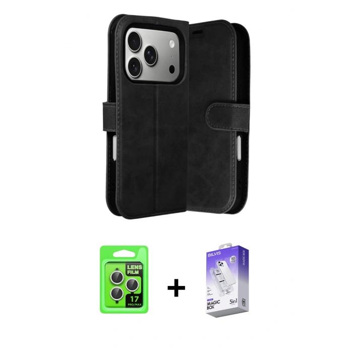 MARSİLYAN™- iPhone 17 Pro Kılıf Siluet Işık Serisi - Siyah Bilvis 5in1 3D Magic Cam Ekran Koruyucu + Raze Metal Kamera Lens - GS