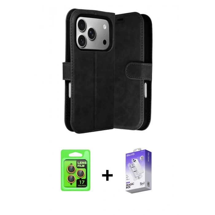 MARSİLYAN™- iPhone 17 Pro Kılıf Siluet Işık Serisi - Siyah Bilvis 5in1 3D Magic Cam Ekran Koruyucu + Turuncu Raze Metal Kamera Lens