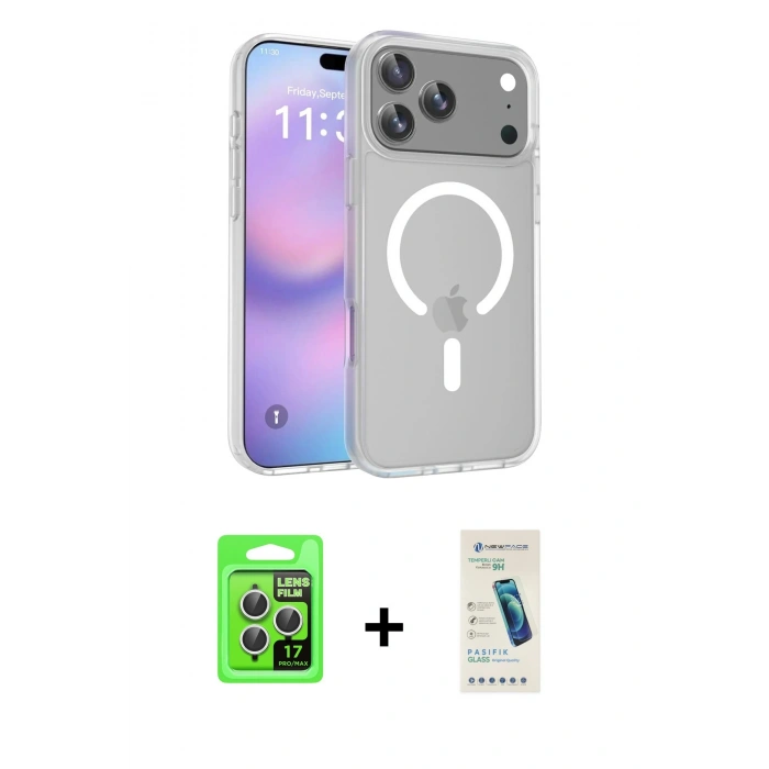 MARSİLYAN™- iPhone 17 Pro Kılıf Siluet Minimal Prime - Şeffaf Pasifik Cam Ekran Koruyucu + Gümüş Raze Metal Kamera Lens